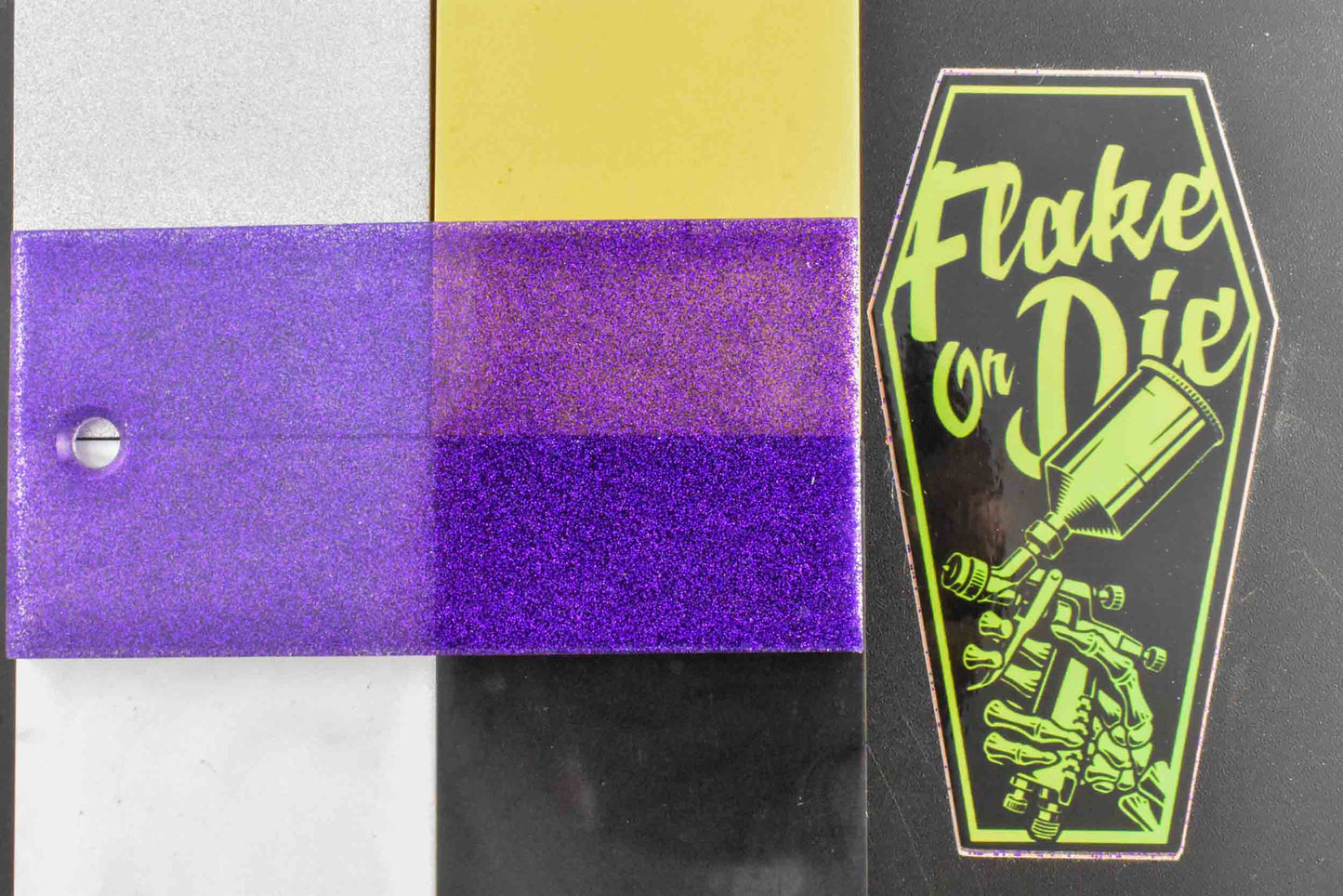 Flake Or Die, Bruiser .004, Purple Metal Flake, Over Silver, Gold, White, Black Pearl