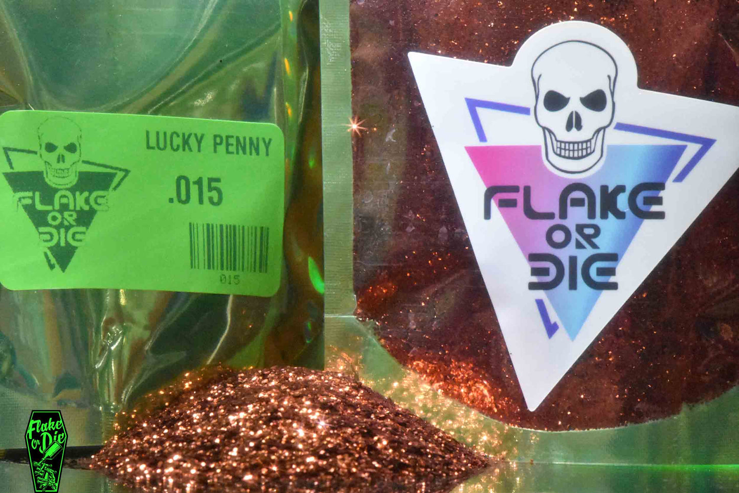 Macro photography product shot of copper metal flake in a clear window foil package with company logo and product labeling.
