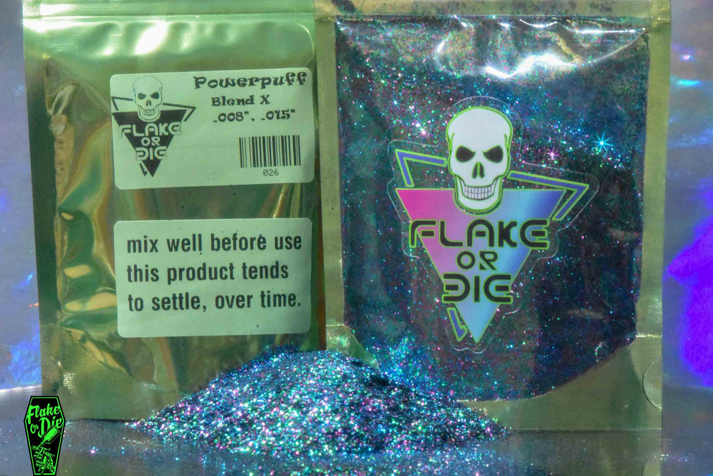 Macro photography product shot of blended magenta, green, blue metal flake in a clear window foil package with company logo.