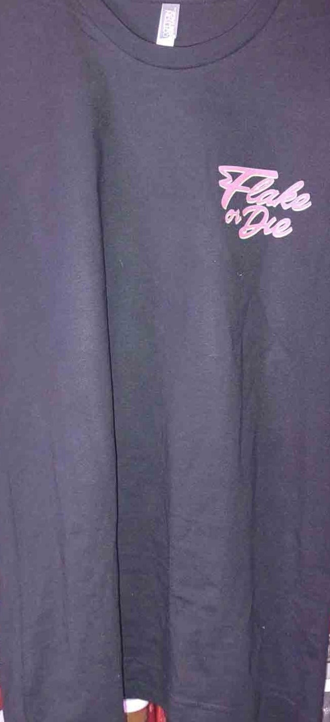Finally! A t-shirt with our logo on it! This one has the full color zombie hand with a paint sprayer in a graveyard background of our coffin logo on the back. On the front you have "Flake or Die" in the fender style script.