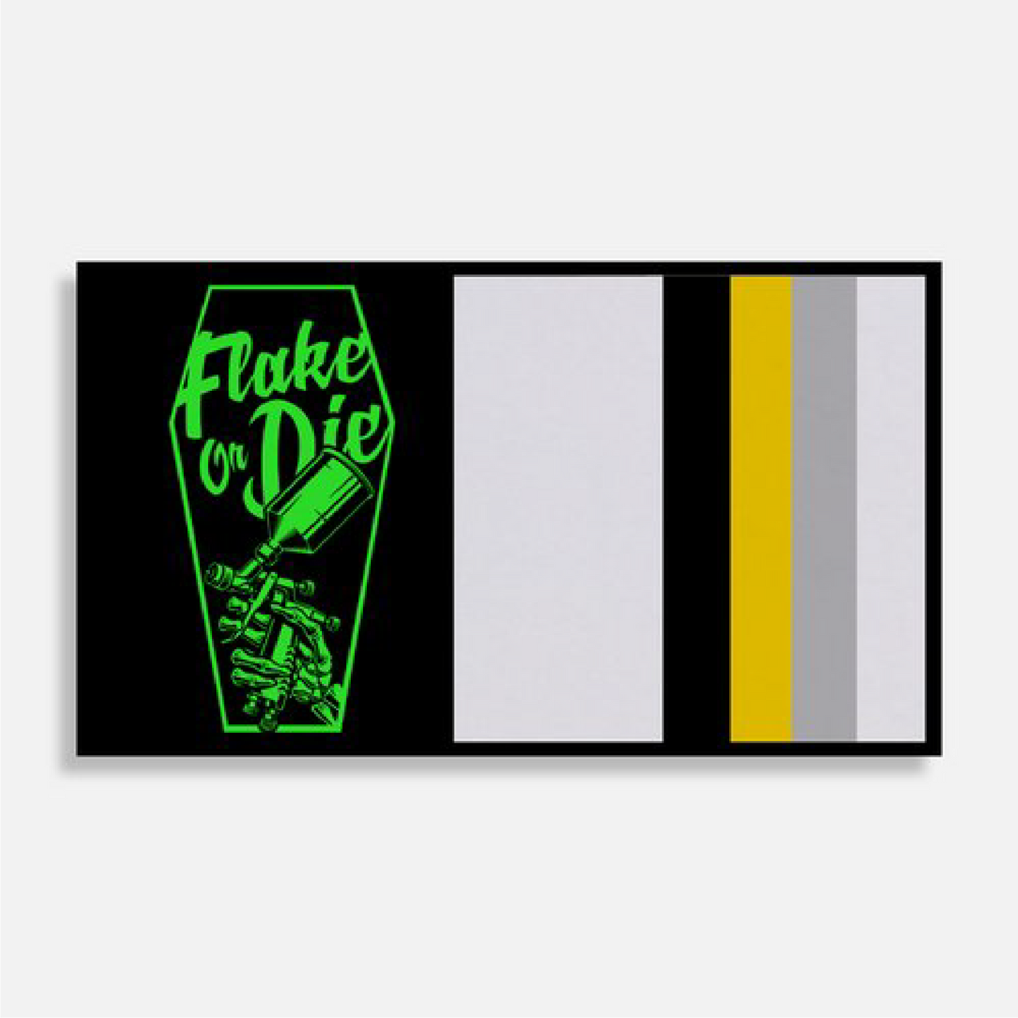 Flake or Die pearl pigment sample card. Sample will be added over color bars for reference over each color. Front black, white, gold silver. Back is Black, blue, red, yellow, and white with a QR code.