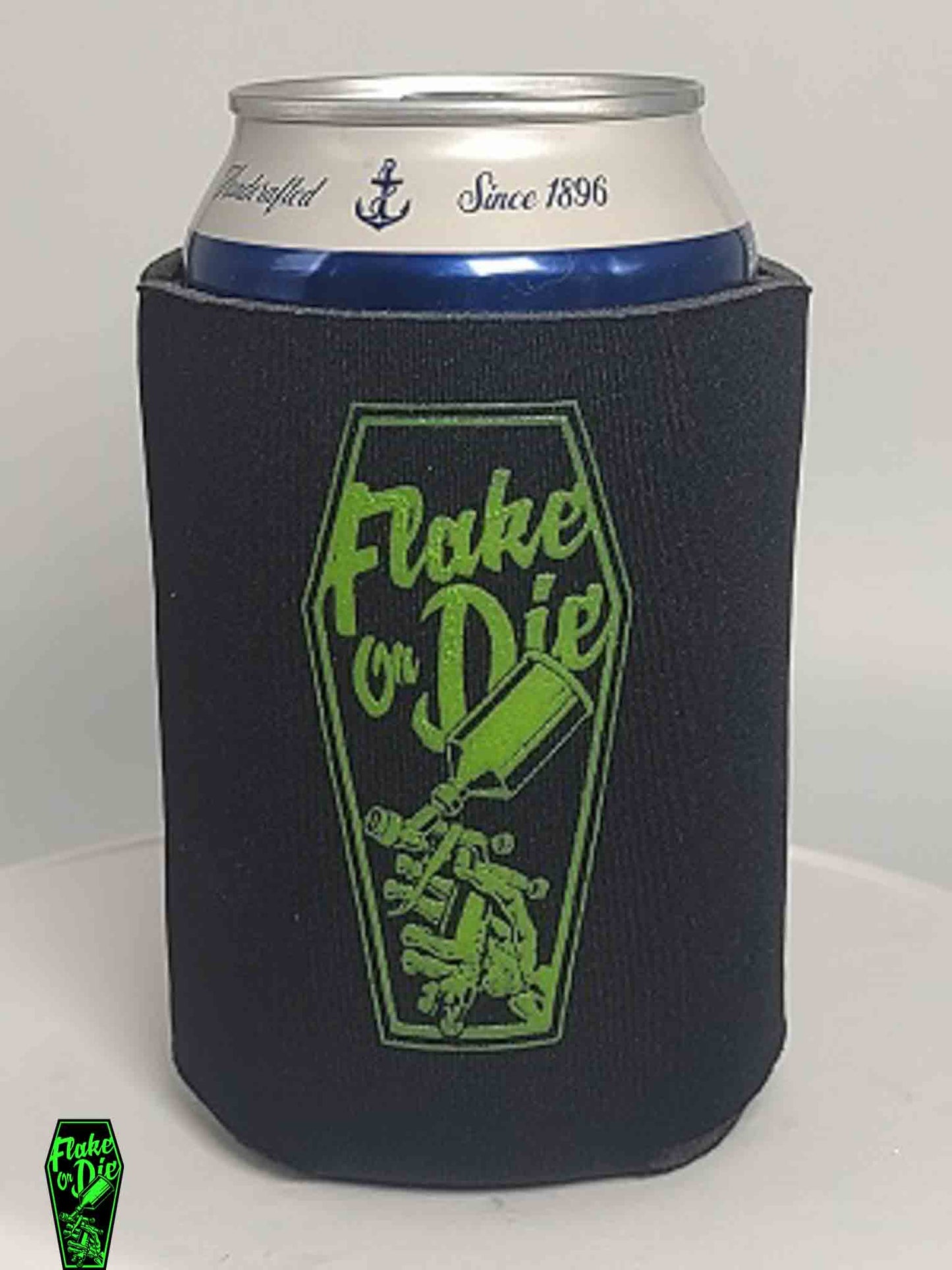 Our lightweight foam koozie features our coffin logo in green. Keep your drinks cold and your hands dry! Show off one of the coolest logo's around!