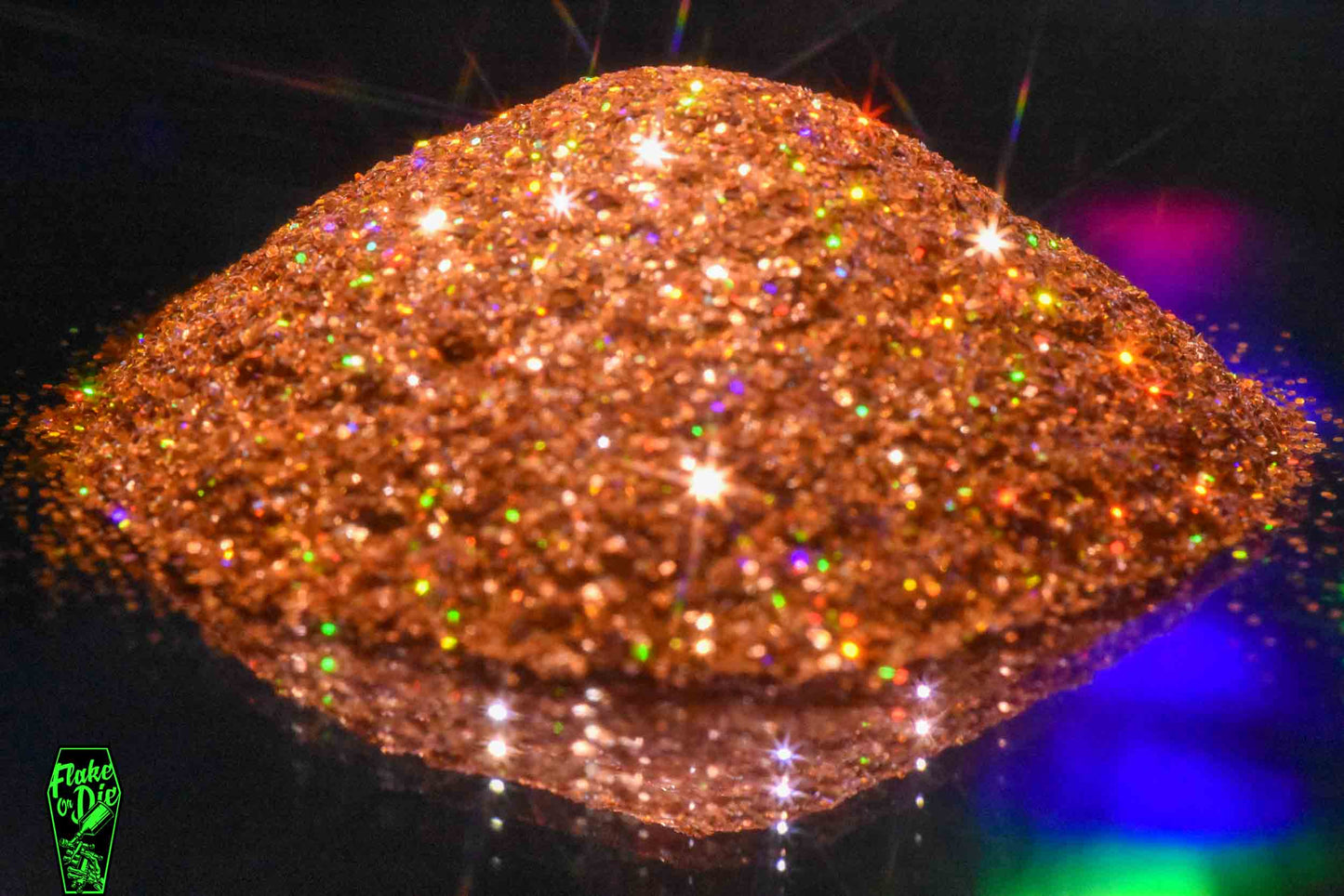 Flake Or Die Atomic Pumpkin: orange holographic metal flake particles.