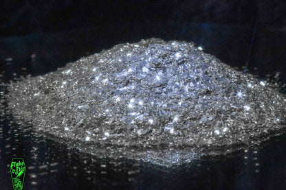 Macro photography product shot of silver glass particles in a small pile.