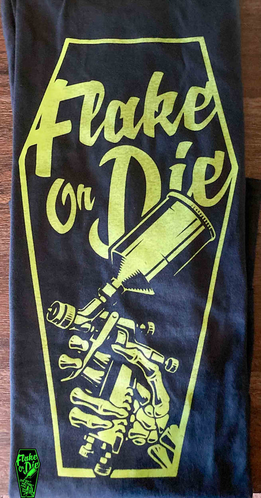 Black crew t-shirt screen printed with Flake Or Die Green coffin logo on the back.