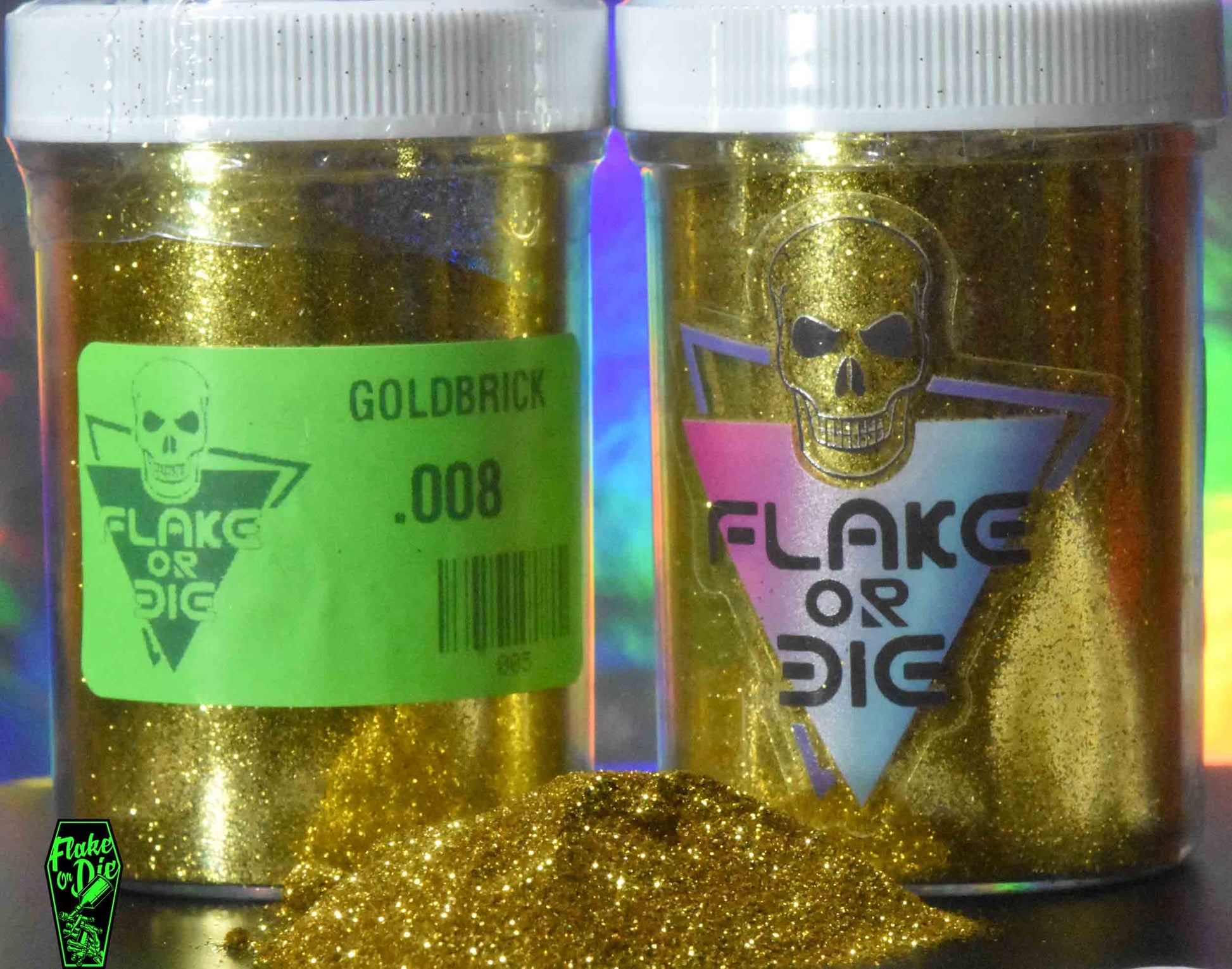 Flake or Die product photography of gold hex cut metal flake in a jar with company logo.